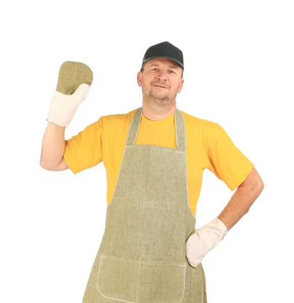 Welder in apron with mittens — Stock Photo, Image