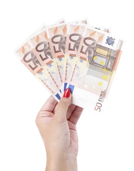 Vijf rekeningen met 50 euro in vrouw hand. — Stockfoto