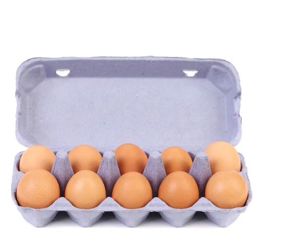 Dieci uova in una scatola di cartone blu . — Foto Stock