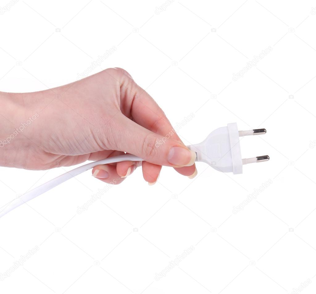 Hand holds Electric plug and long cable