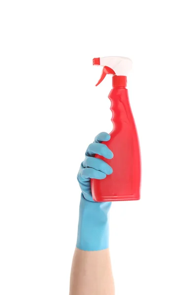 Mão em luvas segura frasco de spray — Fotografia de Stock