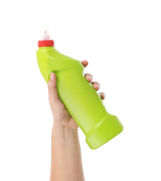 手中拿着绿色的瓶子 — 图库照片