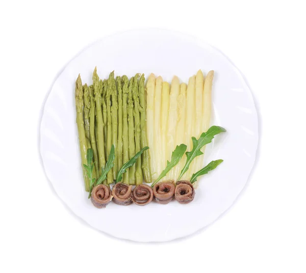 White and green asparagus with anchovies. — Stock Photo, Image