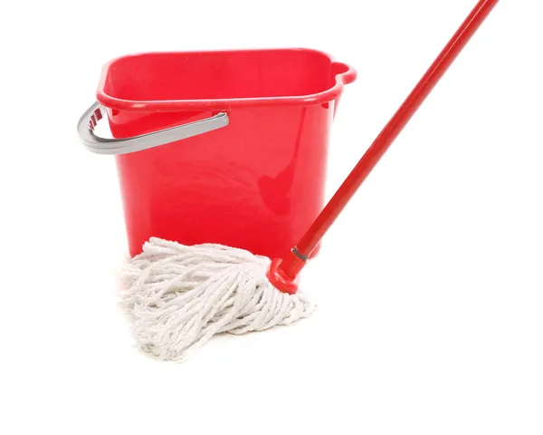 Red bucket with cleaning mop. — Stock Photo, Image