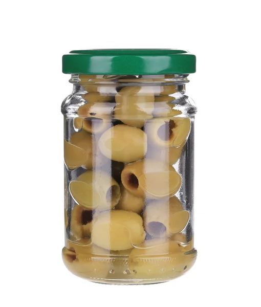 Green olives in a jar. — Stock Photo, Image