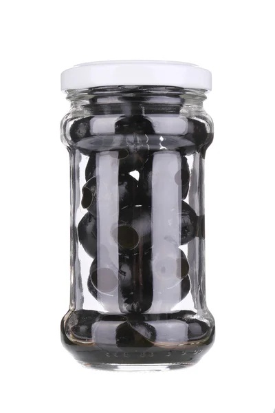 Black olives in a jar. — Stock Photo, Image