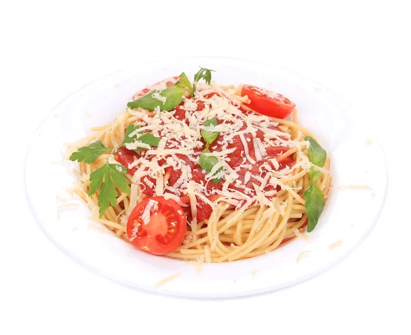 Spaghetti with tomato sauce basil and cheese — Stock Photo, Image