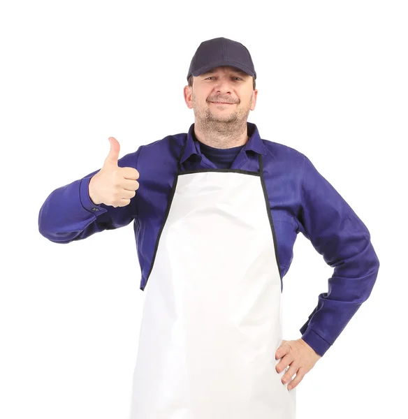 Smiling man dressed in apron. — Stock Photo, Image