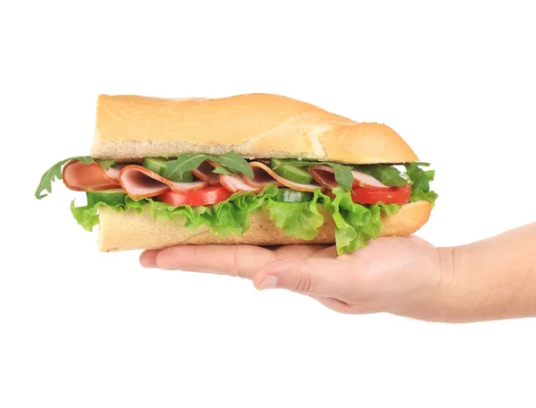 Baguette sandwich in hand. — Stock Photo, Image