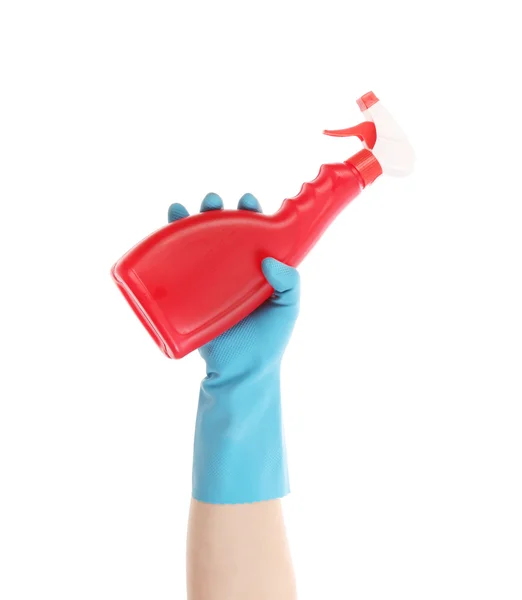 Red plastic dispencer in hand — Stock Photo, Image