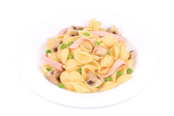 Pasta shells with vegetables and sausage — Stock Photo, Image