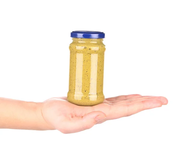 Hand holds italian sauce Pesto — Stock Photo, Image