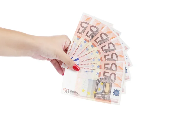 Ręka trzyma banknoty 50 euro — Zdjęcie stockowe