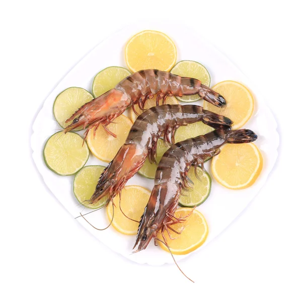 Crevettes tigrées noires crues et tranches de citron . — Photo
