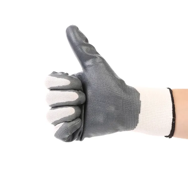 Hand with white fabric glove showing thumb up. — Stock Photo, Image