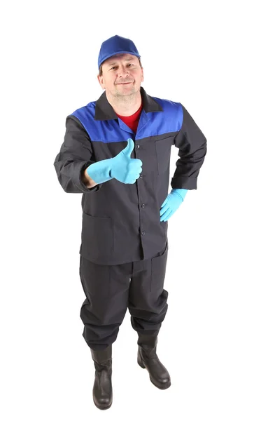 Man in blue gloves show thumb up. — Stock Photo, Image