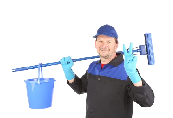 Cleaner with mop and bucket. — Stock Photo, Image