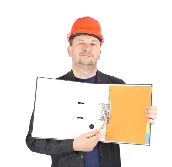 Man in red helmet shows opened paper folder. — Stock Photo, Image