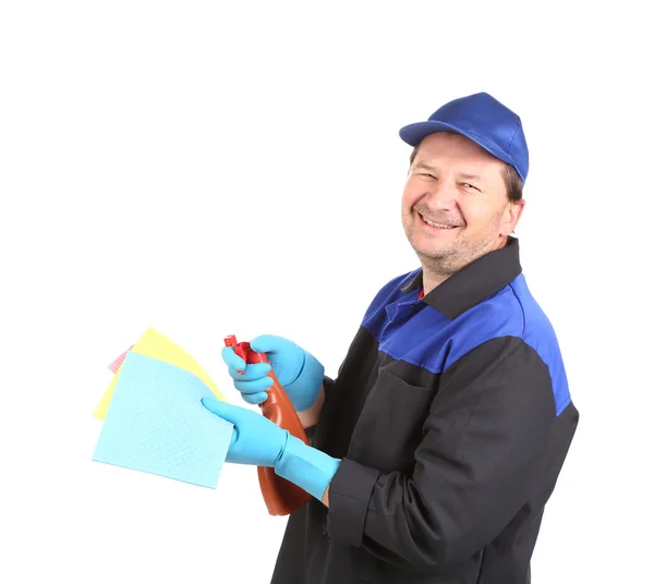 Smiling cleaner with sponges. — Stock Photo, Image