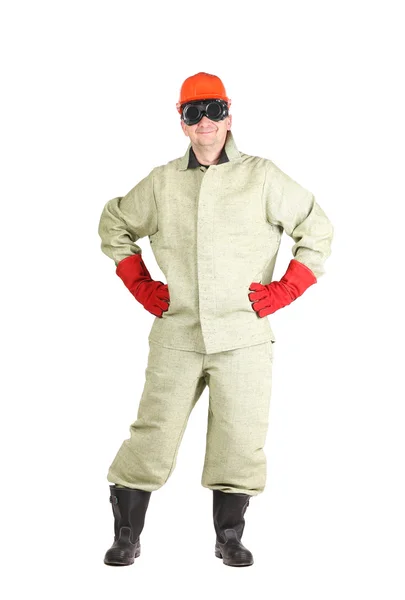 Smiling welder in glasses and red helmet. — Stock Photo, Image