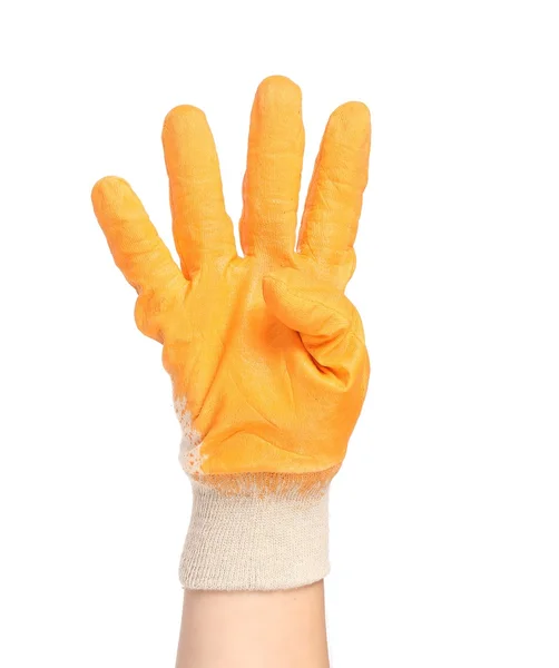 Hand in rubber glove shows four. — Stock Photo, Image