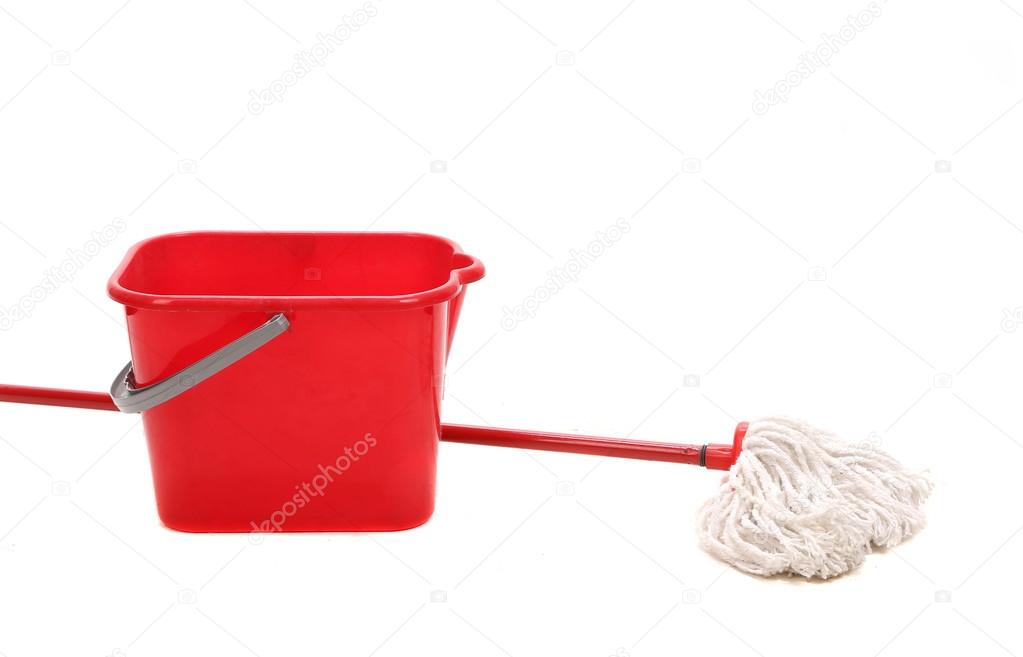 Mop and red bucket.