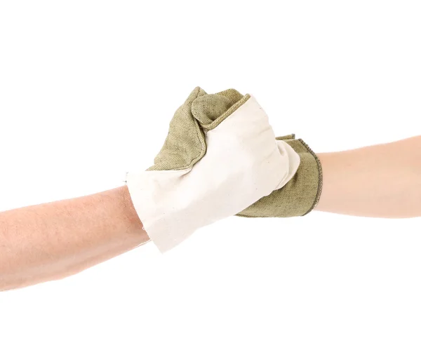Due mani guanti in mano stretta di mano . — Foto Stock