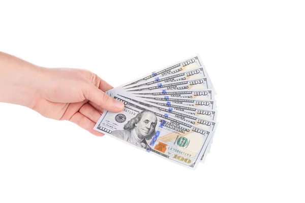 Stapel van een dollar biljetten in hand. — Stockfoto