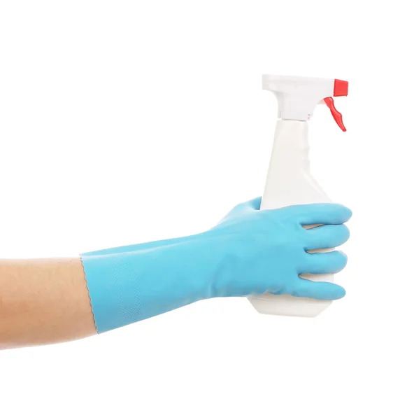 Mano nel guanto tenendo bottiglia di plastica bianca spray . — Foto Stock