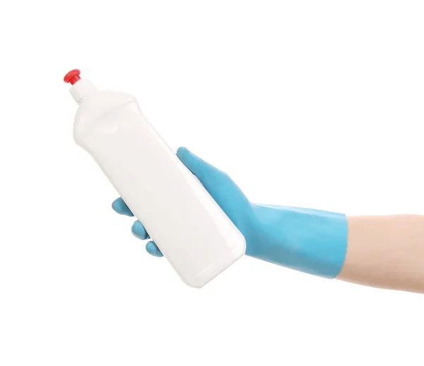 Hand in de handschoen houden van witte plastic fles. — Stockfoto