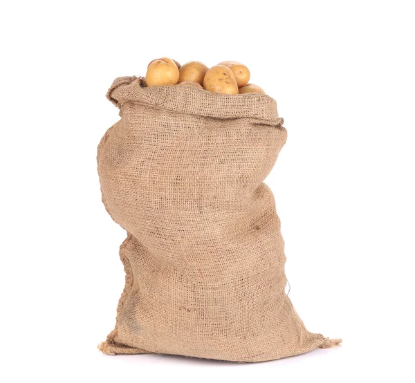 黄麻布の袋で熟したジャガイモ. — ストック写真