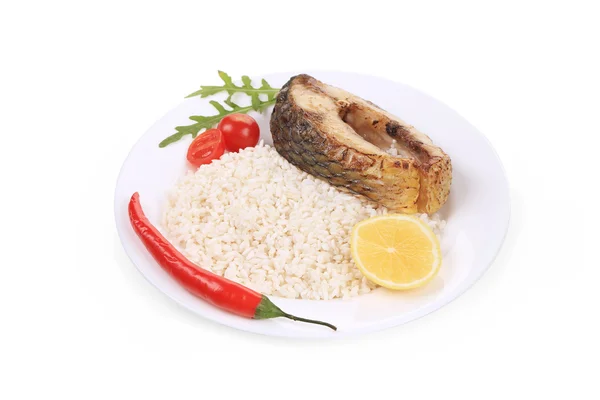 Жареный стейк с рисом . — стоковое фото