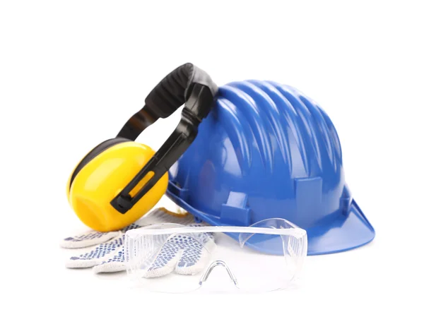 Blauwe veiligheidshelm met oortelefoons en goggles. — Stockfoto