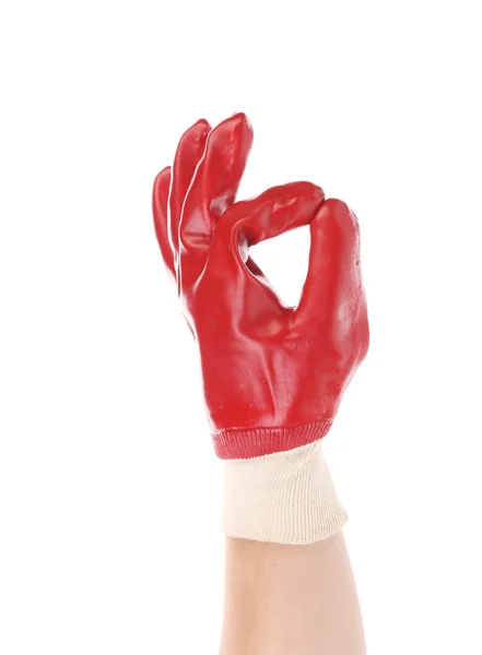 Hand in work glove shows ok sign. — Stock Photo, Image