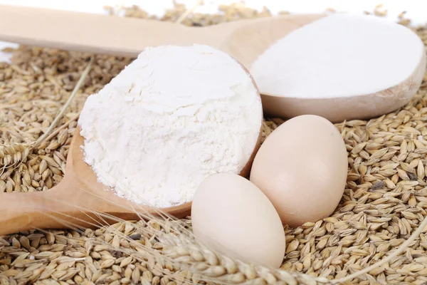 Spoon with flour on wheat background. — Stock Photo, Image