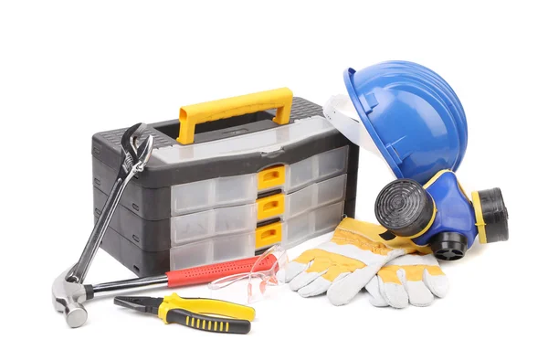 Toolbox pliers and hard hat. — Stock Photo, Image