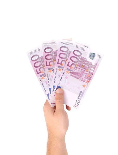 Mann hält Fünfhundert-Euro-Scheine in Händen. — Stockfoto