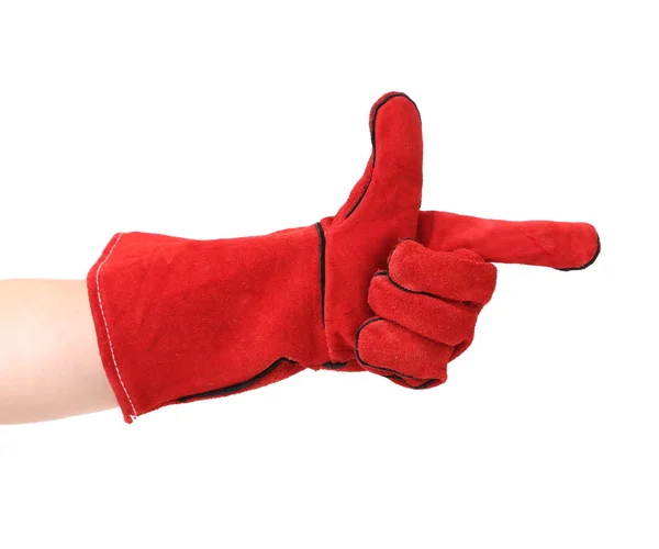 Kırmızı deri iş eldiveni noktası parmak. — Stok fotoğraf