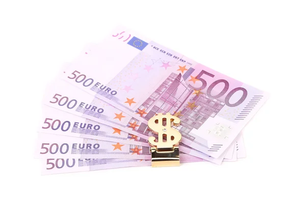 Euro bills and dollar gold trinket. — Stock Photo, Image