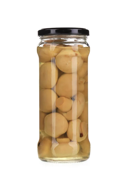 Marinated champignon mushrooms in glass jar. — Stock Photo, Image