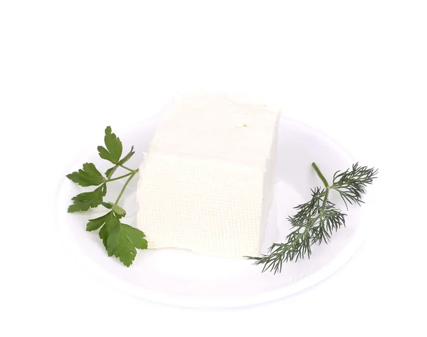 Sheep cheese on a white plate. — Stock Photo, Image