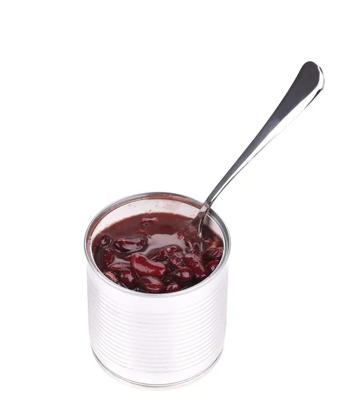 Tin of red bean with spoon. — Stock Photo, Image