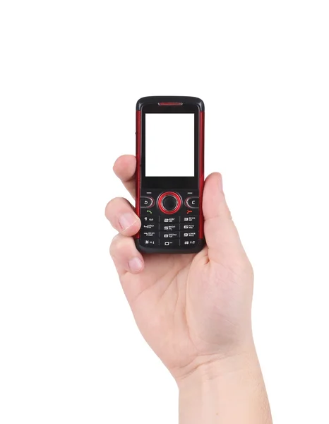 Hand holds red-black cell phone. — Stock Photo, Image