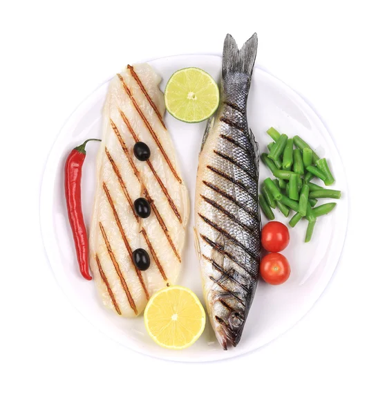 Grilled seabass with pangasius fillet. — Stock Photo, Image