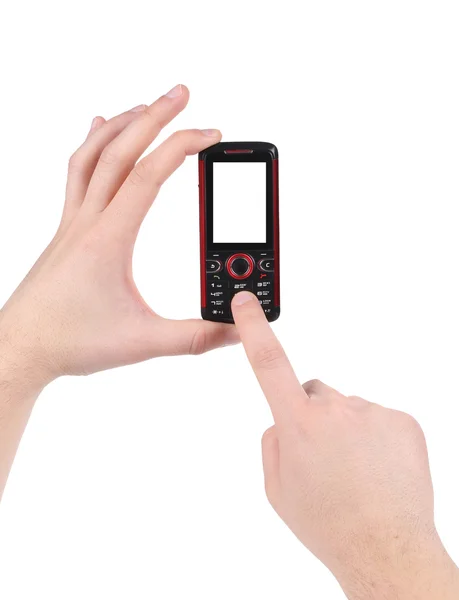 Hand innehar röd-svart mobiltelefon. — Stockfoto