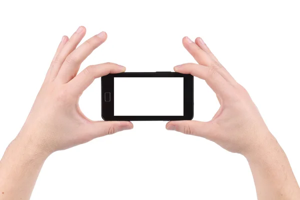 Hand holds cell phone with clipping path. — Stock Photo, Image