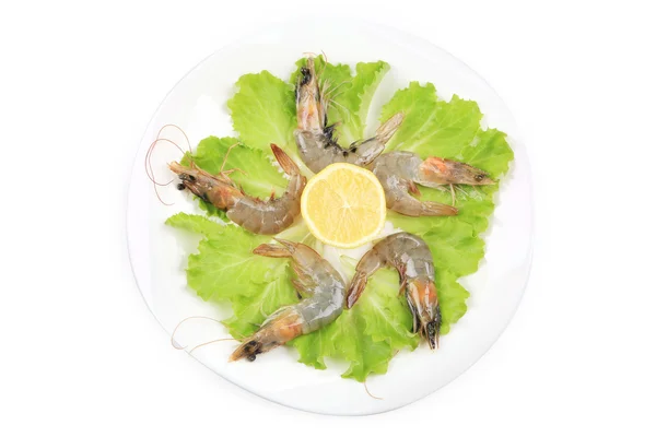 Råa räkor på tallrik med sallad och citron. — Stockfoto