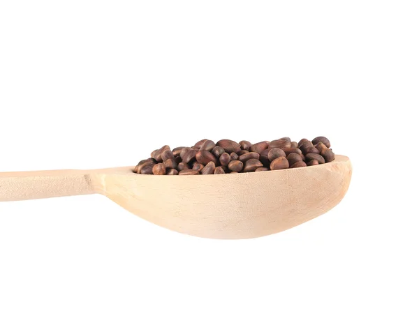 Wooden spoon full with pine nuts. — Stock Photo, Image