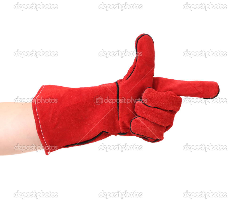 Point finger in red leather work glove.