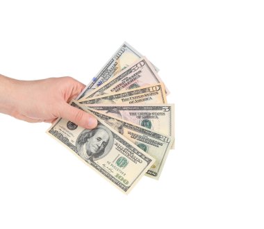 Erkek el Amerikan dolarlarına tutarak.